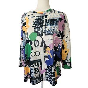 Shana Size M Art to Wear Newsprint Collage 3/4 Dolman Sleeve Top